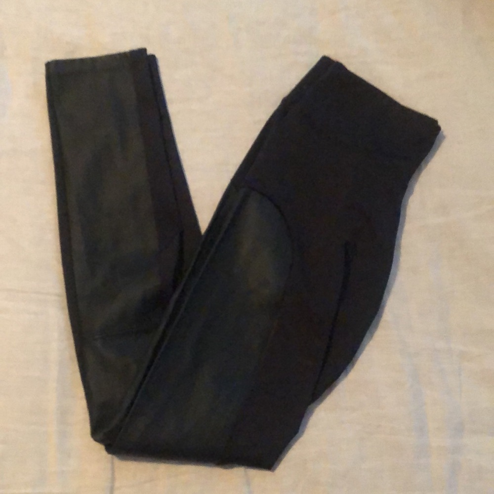 Kensie Shiny Black Leggings w/Faux Leather Panel - Picture 3 of 9
